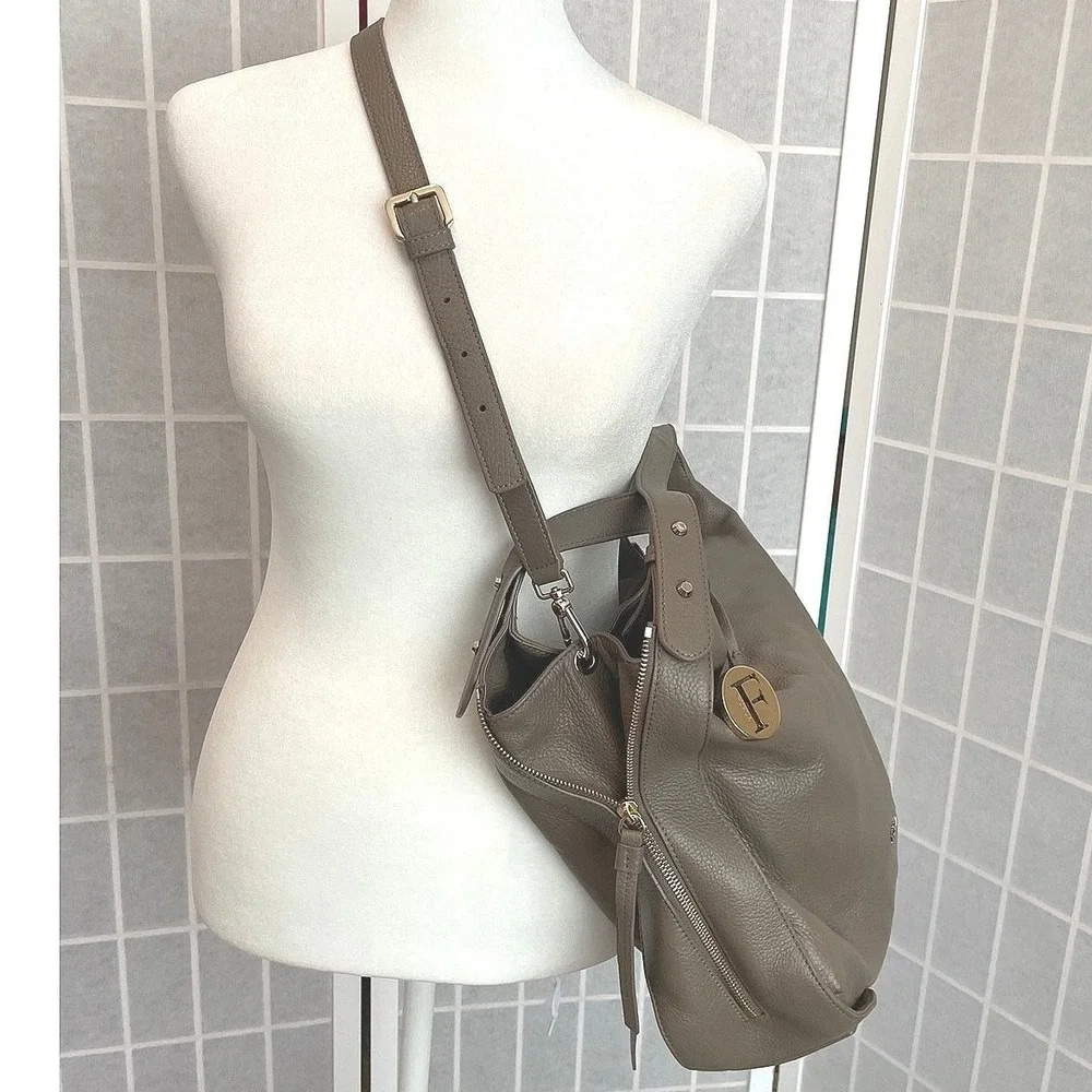 Furla Large Hobo Bag Taupe Greige Pebbled Leather Shoulder Bag Gold Medallion